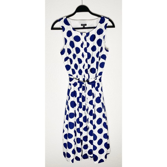 Talbots Women's White Navy Polka Dot Cotton Lined Button Up Front Shirt Dress - Picture 4 of 12